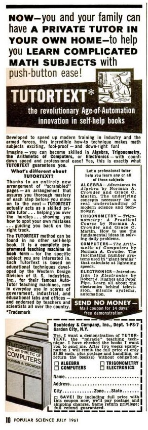 Publicité pour le TutorText dans le magazine Popular Science de juillet 1961.